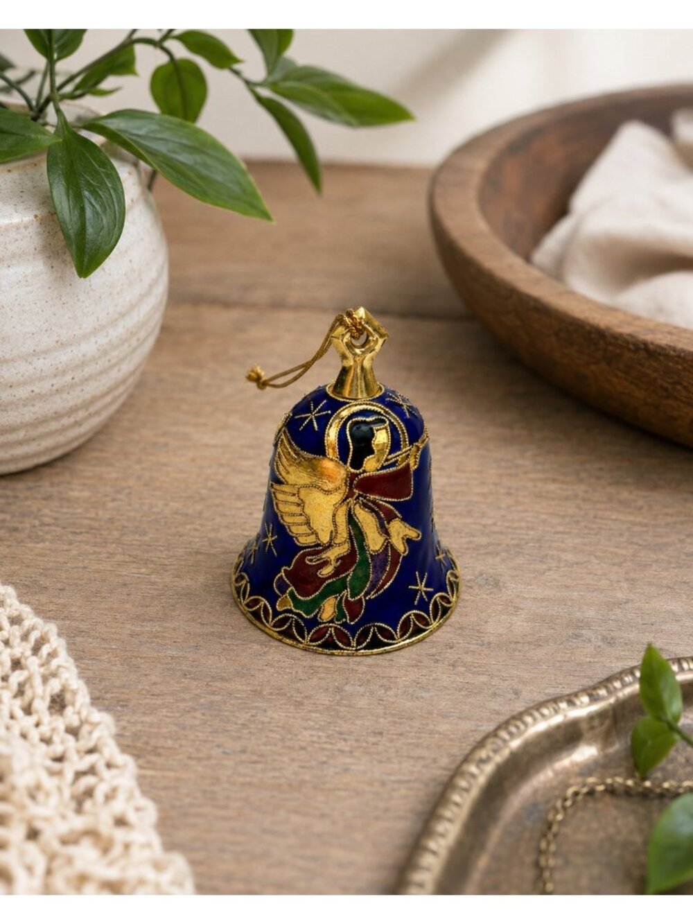Vintage Enamel Cloisonne Bell Ornament Angel Blue Goldtone Collectible Christmas